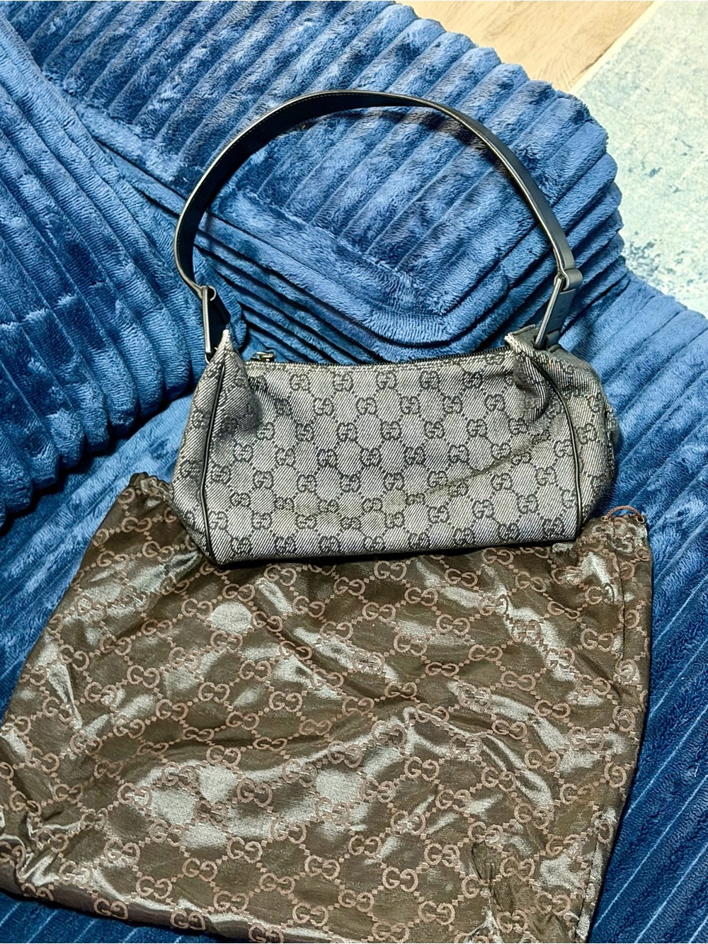 Vintage Authentic Gucci GG Monogram Denim Mini Hobo Bag w/ Dust Bag